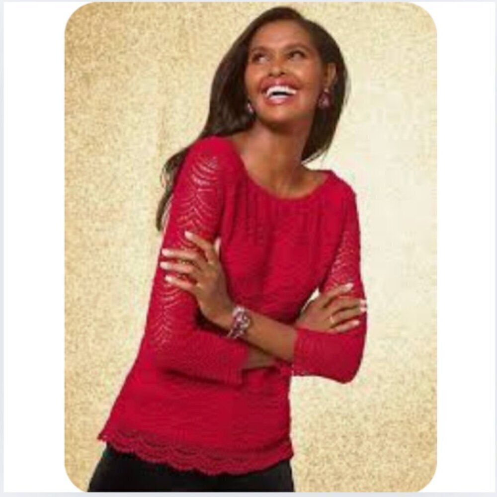 RSVP By Talbots Red Lace Occasions Long Sleeve Jersey Top, Medium Petite